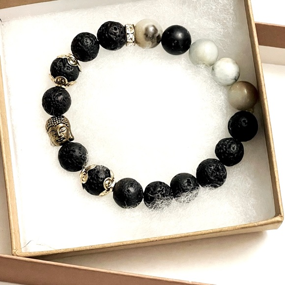 UNISEX BLACK LAVA & AMAZONITE BUDDHA BRACELET - Picture 1 of 3